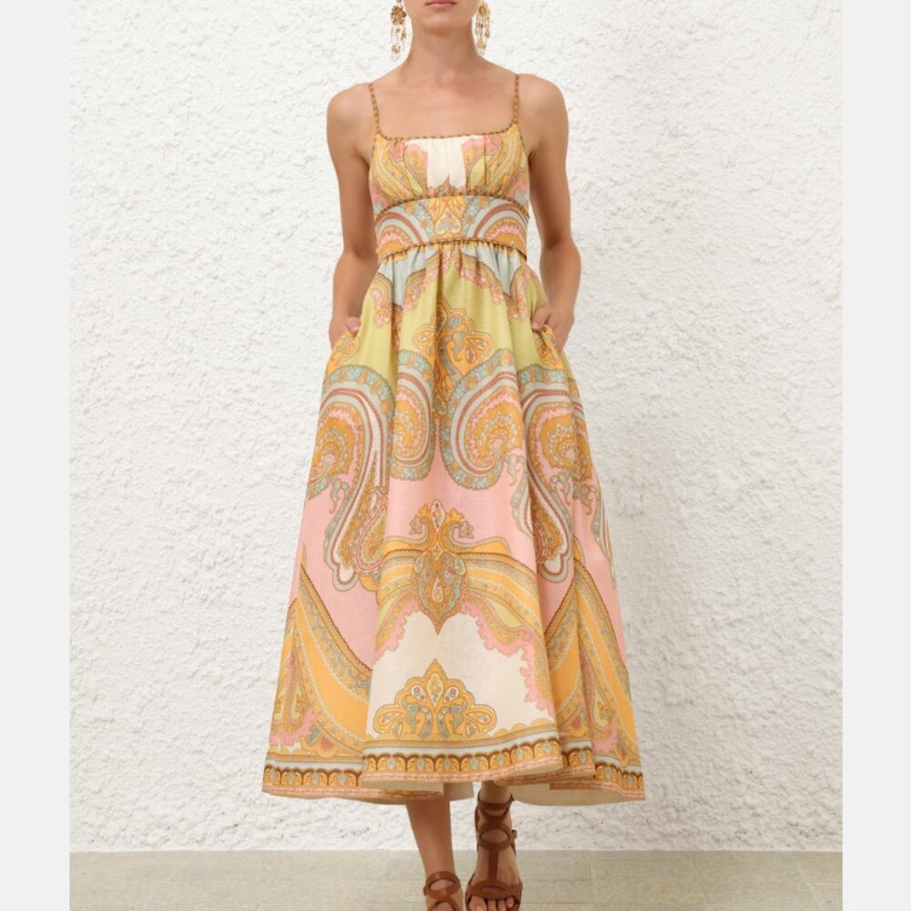 Zimmermann Maxine Multi Print Printed Linen Maxi Dress